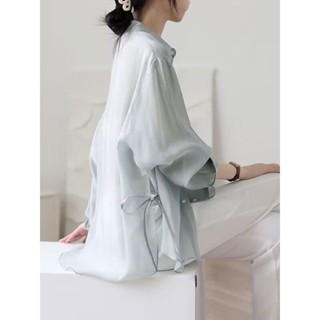 韓版長袖襯衫外套 冰絲雪紡襯衫女夏季2024年新款薄款外搭綁帶開衫防曬衣服外套上衣 防曬襯衫 防曬罩衫 遮陽防曬衣薄外套