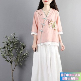 臺中出貨 民國風上衣 刺繡 棉麻 拼色 復古 盤扣上衣 中國風上衣 v領開衫襯衫女 寬鬆上衣 茶服 漢服上衣 中國風服飾