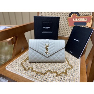 二手99新YSL SAINT LAURENT MONOGRAM 魚子醬紋路信封包單肩包 魚子醬 牛皮 灰色 金鍊