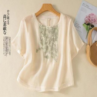 24新款重工刺繡棉麻上衣新中式文藝復古寬松高階感寬松短袖T恤 大尺碼短袖 棉麻短袖 復古上衣 中國風上衣 短袖T恤 顯瘦