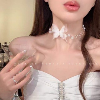 桃園出貨✨超仙蝴蝶珍珠飄帶項鏈女輕奢小眾高階鎖骨鏈2024新款氣質百搭脖頸