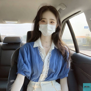 BINGTANG精選服飾 小清新穿搭 襯衫 襯衣 上衣 讓人眼前一亮~夏季天藍色薄款雪紡襯衫爆款漂亮蕾絲花邊清爽上衣