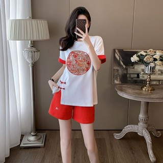 新中式國風休閑運動套裝女夏洋氣顯瘦復古印花上衣紅色短褲兩件套 洋裝 大尺碼套裝 寬鬆套裝 漢元素套裝 中國風套裝 新中式