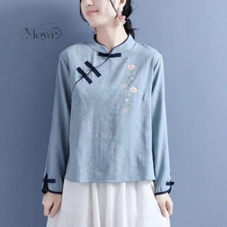秋季拼色滾邊斜襟盤扣花藤刺繡長袖立領上衣女中國風復古襯衫 大尺碼T恤 長袖上衣 民族風上衣 禪意茶服 文藝T恤 盤扣七分
