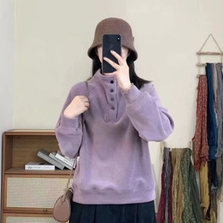 春季新款雙面奧粒絨文藝復古休閑韓版插肩袖加厚寬松衛衣女秋 大尺碼上衣 冬天衣服 大尺碼女裝 長袖上衣 法式上衣