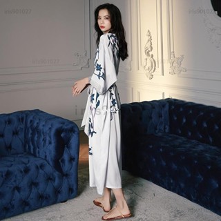 免運 2022新款中長款碎花氣質優雅睡袍緞面雪紡睡衣女冰絲綢大方洋氣流行短袖睡袍家居服
