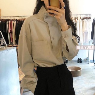 悅己🌻早秋襯衫韓國chic秋季小眾設計款立領斜扣寬松純色休閑百搭長袖襯衫上衣女 大尺碼女裝 秋天襯衫 百搭襯衫