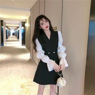 【臺灣出貨】夜店洋裝 性感低胸 春季西裝裙子雙排扣氣質泡泡長袖連衣裙女裝修身顯瘦小禮服 聚會生日派對 尾牙穿搭