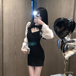 【Free Girl】長袖包臀短裙 連衣裙設計感鏤空收腰修身顯瘦裙 法式洋裝 性感短洋裝 包臀連衣裙 夜店洋裝 辣妹洋裝