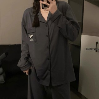 睡衣套裝 韓國睡衣女卡通熊貓長袖長褲ins風純色簡約學生網紅可外穿家居服
