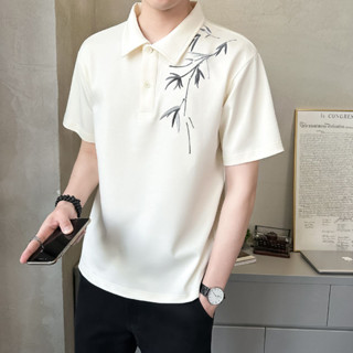 8號倉庫 大尺碼POLO衫 翻領POLO衫 新中式竹子刺繡男士短袖t恤夏季休閑男裝潮流polo衫半袖 短袖上衣 爸爸裝