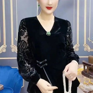 中國風上衣女 中老年媽媽外穿長袖蕾絲新中式盤扣小衫洋氣顯瘦大碼金絲絨上衣 新中式上衣 長袖打底衫女 春秋國風保暖長袖女