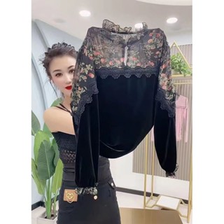 中國風上衣女 春裝2024新款新中式國風盤扣打底衫雪紡印花拼接金絲絨復古上衣女 新中式上衣 長袖打底衫女 春秋國風保暖長
