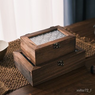 桃園有貨-限時下殺海棠花玻璃收納盒複古木質桌麵雜物整理翻蓋木盒擺設化妝臺首飾盒 JWR6
