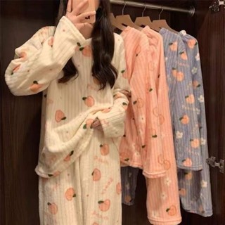 Meet.You.小熊法蘭絨加厚長袖睡衣女秋冬季甜美保暖外穿韓版家居服時尚套裝