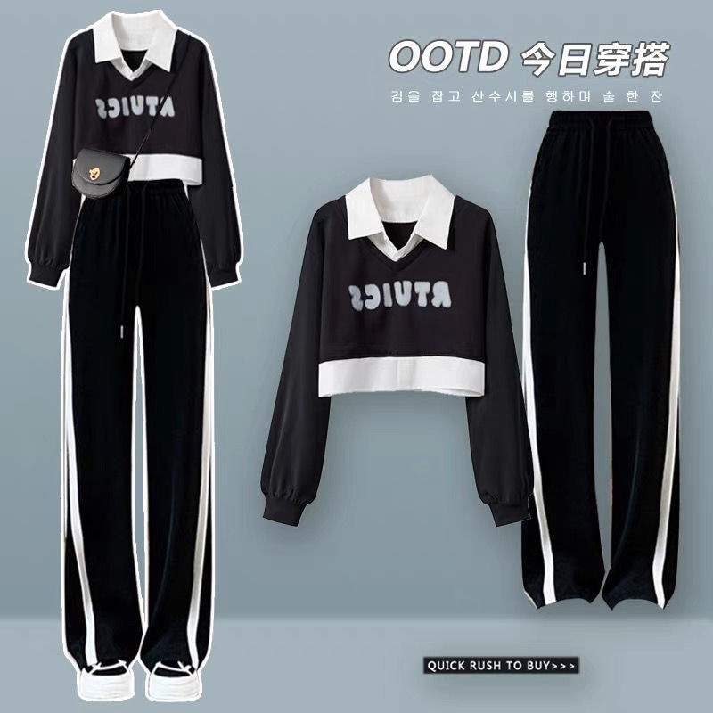 【Tik tok】大尺碼時尚韓系洋氣顯瘦假兩件衛衣套裝2023新款秋季女時尚運動褲兩件套
