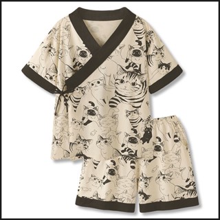 國潮復古卡通慵懶貓咪漢服睡衣夏女高階感短袖短褲套裝家居服薄款