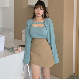 GUGUPLUS 中大尺碼女裝 慵懶風純欲針織開衫外套+半身裙 多件式套裝女 上衣套裝 春秋套裝