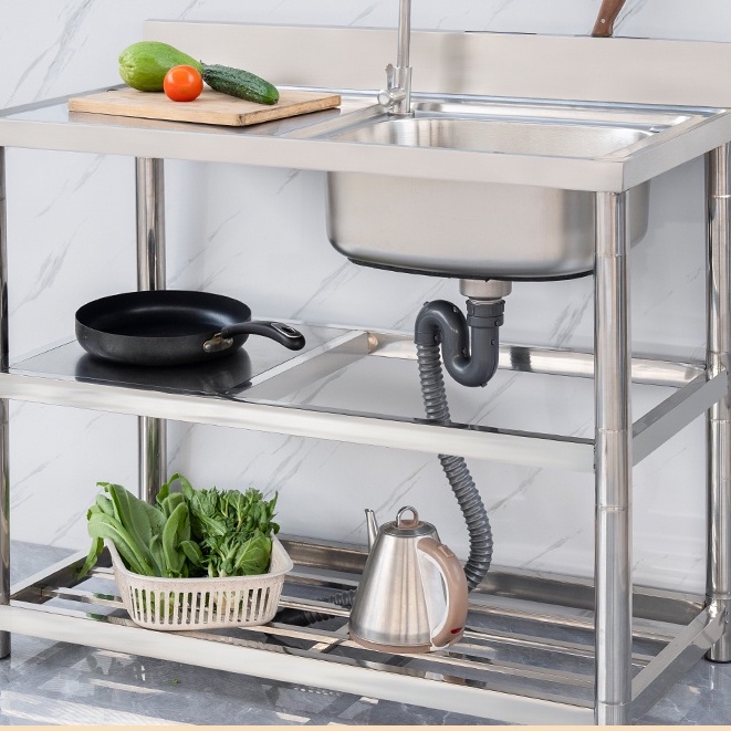 統編-免運-精選-廚房不銹鋼水槽檯面一體式洗菜盆洗碗水池帶支架平台單槽雙槽家用G6