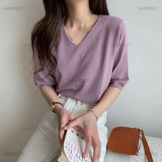 ⚡免運⚡49163 新款韓版V領素色五分袖針織T恤上衣