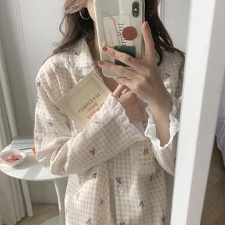 🔆小甜甜日系美衣👙韓版ins睡衣女春秋公主花邊長袖外穿櫻桃格子開衫家居服兩件套裝