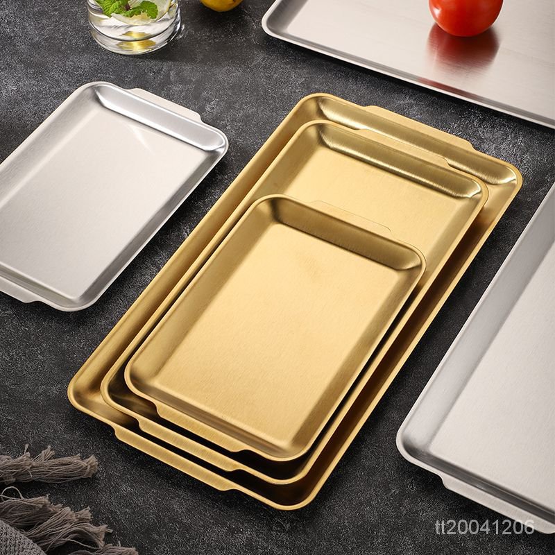 【蝦皮最低價】韓式304不銹鋼盤子金色長方形託盤廚房方盤傢用商用烤箱平底淺盤