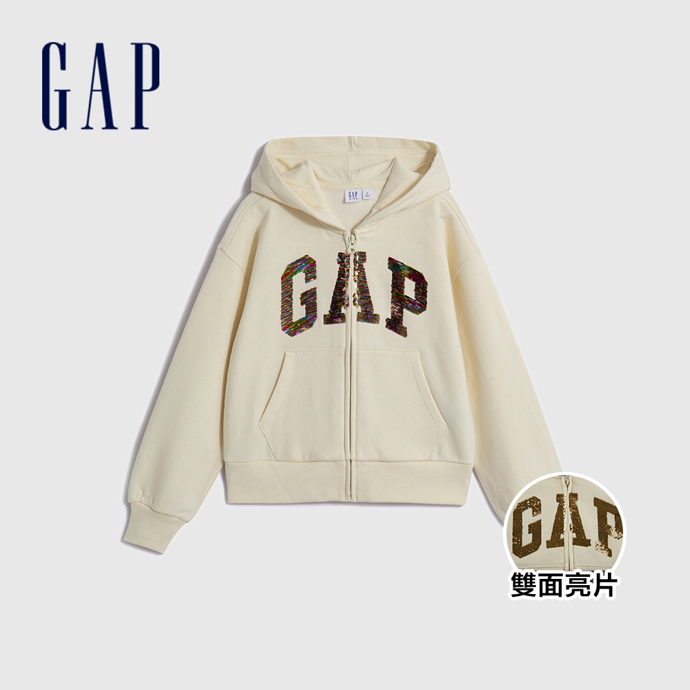 Gap 女童裝 Logo趣味連帽外套 碳素軟磨系列-米色(786335)