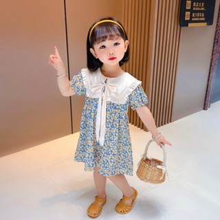 {現貨有電子發票}夏季童裝童兒童卡通甜美可愛娃娃裙連衣裙潮公主裙蝴蝶結雪紡領碎花裙女童小童【C553】