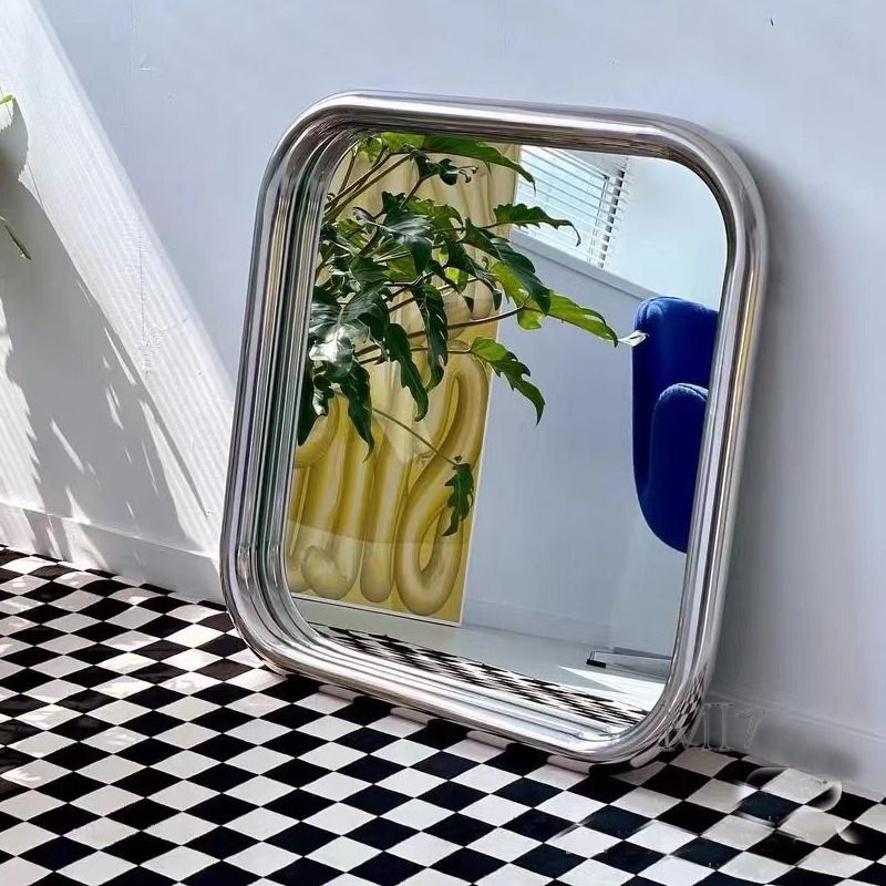 不銹鋼梳妝臺鏡子圓形化妝鏡小掛墻式裝飾中古創意臥室衛生間浴室