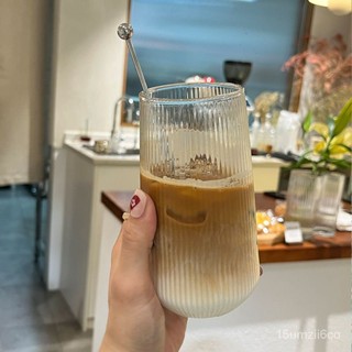 🌟正品熱賣🌟大容量網紅條紋杯 耐熱耐冷高款玻璃杯 ins豎紋玻璃杯 水杯 飲料杯 咖啡杯 復古杯 美式拿鐵氣泡水冷