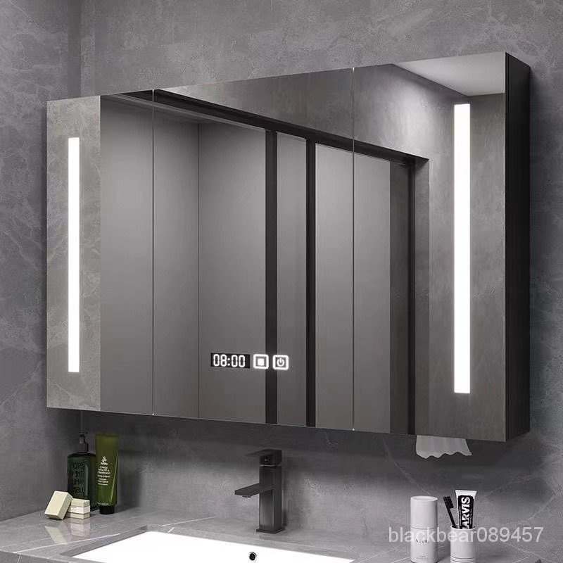 實木智能鏡櫃 LED防霧鏡子 衛生間觸摸屏浴室鏡 帶背板抽紙孔 掛墻式實木鏡櫃 衛浴鏡箱 儲物鏡 鏡櫃浴櫃