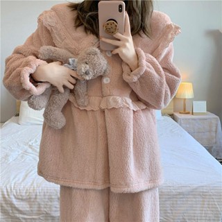 👗泡芙小姐女裝店🎀冬天公主風珊瑚絨睡衣女冬季加絨加厚甜美娃娃領毛絨絨居家套裝冬
