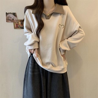 大碼女裝|撞色polo領衛衣女|秋季胖mm顯瘦長袖衛衣|韓版寬鬆設計感套頭衛衣|慵懶風外套上衣|POLO領長袖上衣