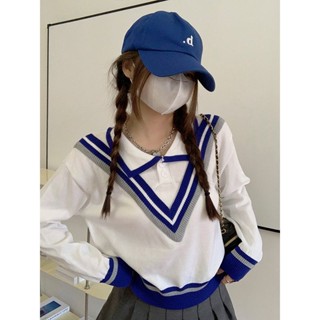 假兩件t恤🎀短款V領針織衫假兩件毛衣女春秋學院風polo領慵懶風修身外穿上衣