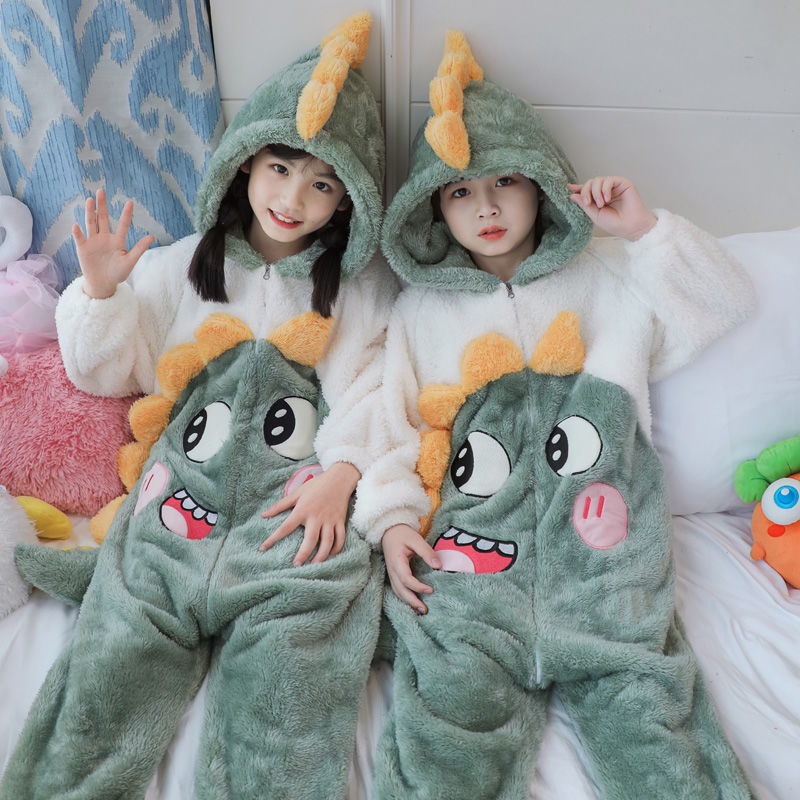 日韓版新款睡衣秋冬季兒童睡衣女孩加厚珊瑚絨男童連體睡衣防踢被小恐龍小孩睡袋