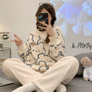 珊瑚綁睡衣 睡衣女冬季新款法蘭絨甜美少女圓領套頭可外穿珊瑚絨家居服套裝