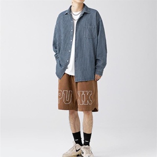 【YX】牛仔襯衫男士復古條紋長袖襯衫戶外休閒時尚藍色工裝外套
