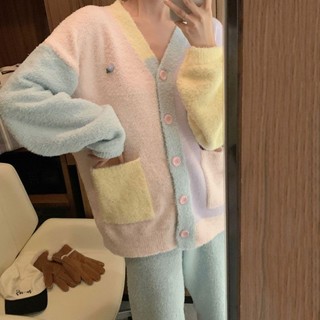 Xuan♥韓國ins甜美撞色珊瑚絨睡衣女秋冬季加絨加厚保暖休閑家居服套裝