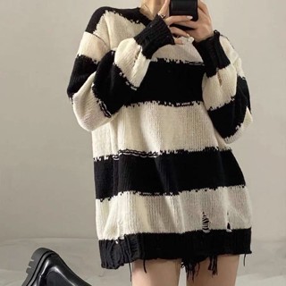 【可可裡】條紋毛衣女早秋2023新款復古別致慵懶風寬鬆外穿chic長袖針織上衣