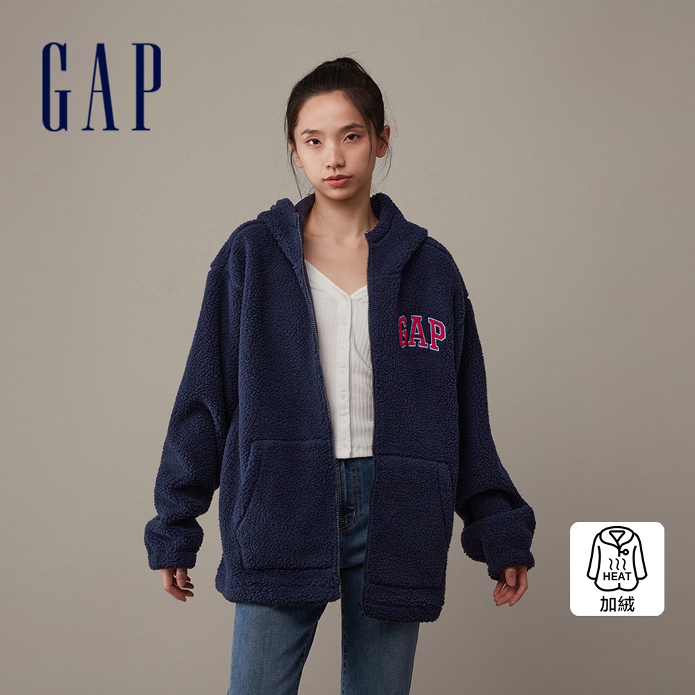 Gap 男女同款 Logo仿羊羔絨連帽外套-海軍藍(841337)