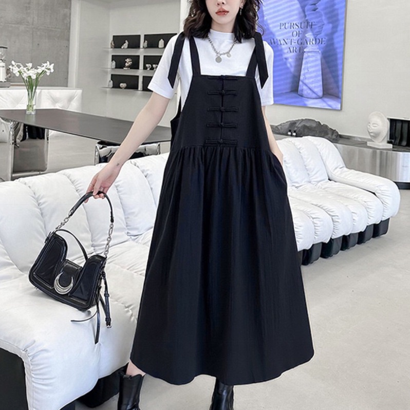 中國結揹帶洋裝洋裝揹帶裙歐美設計款寬鬆暗黑個性中大尺碼A