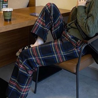 高腰休閑褲💗2023冬季新款加絨加厚直筒褲羊羔絨格子褲女高腰顯瘦休閑闊腿長褲