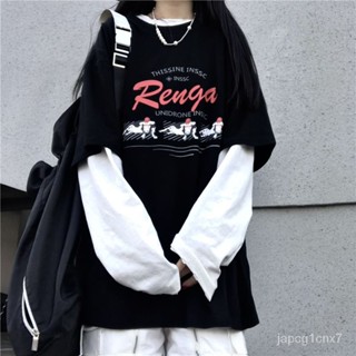 假兩件上衣女 秋季2023年新款韓版ins原宿風黑色假兩件上衣寬鬆學生長袖T恤女潮 KKRX