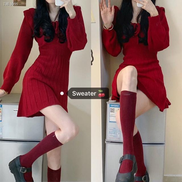 ❀❣聖誕服裝 聖誕節 大尺碼 紅色洋裝 過年服 韓版 Chic 元氣少女 紅色針織連身裙 方領收腰連身裙