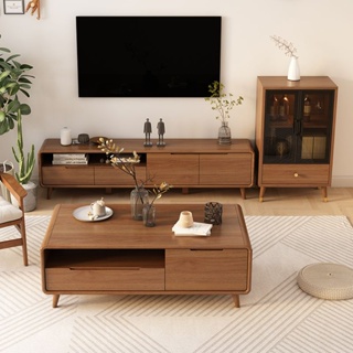 Ouniu丨【免運】電視櫃茶幾組閤客廳傢用新中式實木框收納儲物櫃一體現代簡約臥室