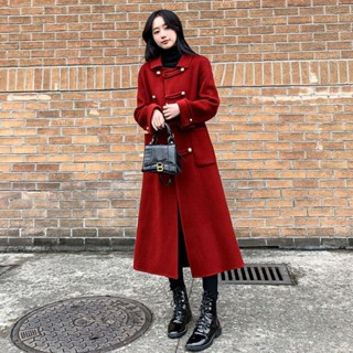 現貨 新品熱賣 女生秋冬流行中長款赫本風毛呢外套大尺碼胖妹妹紅色毛呢大衣2023冬裝新款200斤赫本風毛呢外套中長款