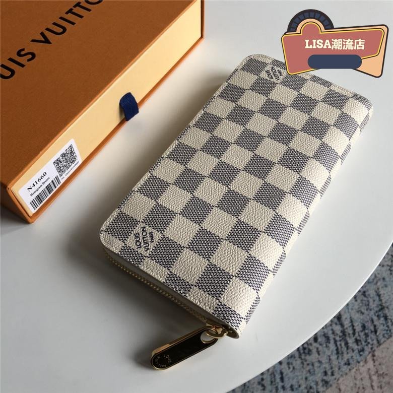 LISA二手 Louis Vuitton LV 路易威登 白棋盤格紋拉鍊粉色長夾錢包 99新 N63503