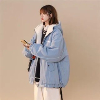 💥滿額免運🚚 韓版外套 兩面穿羊羔毛大衣 羽絨外套 保暖外套 寬鬆外套 奶huhu的藍色棉服女冬季加絨加厚兩面穿