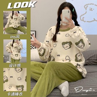 DUYI~夢詩可愛珊瑚絨睡衣女秋冬季加絨圓領家居服甜美韓版學院法蘭絨套裝