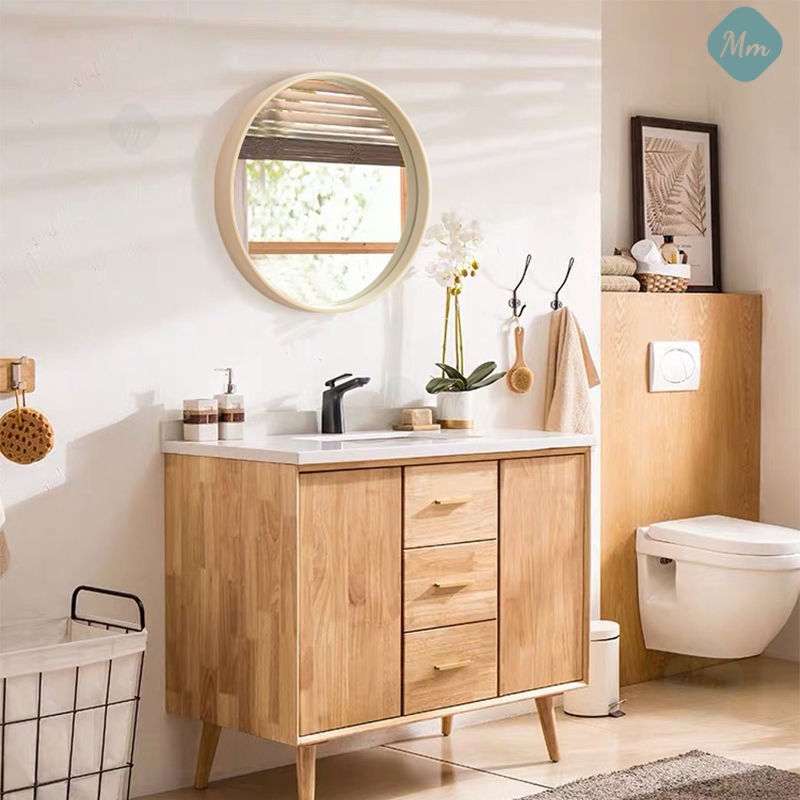 北歐化妝鏡梳妝鏡子洗手間衛生間壁掛實木貼墻超大木框圓鏡浴室鏡